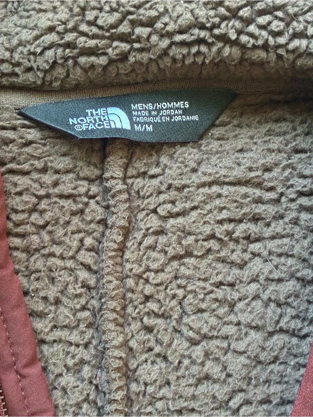 North Face Brown Sherpa Pullover with Maroon Trim